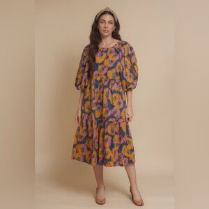 Moodie Vibrant Floral Print Boho‎ Peasant Puff Sleeve Midi Myah Dress Size Small